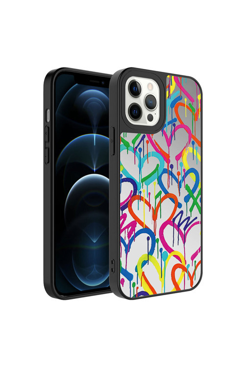 İphone 12 Pro Uyumlu Aynalı Desenli Kamera Korumalı Parlak Mirror Kılıf-Kalp