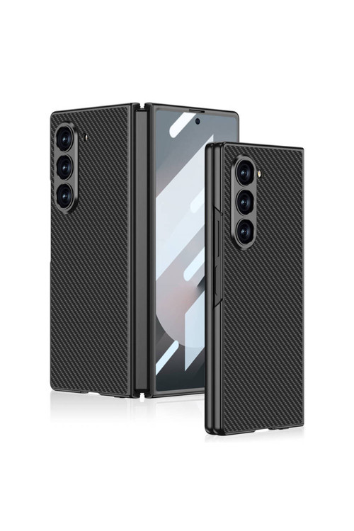 Galaxy Z Fold 6 Kılıf Karbon Fiber Tasarımlı Titanyum Metal N7Th Kıpta Caz Kapak-Siyah Karbon