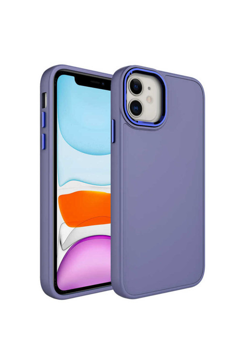 İphone 11 Kılıf Metal Çerçeve Ve Buton Tasarımlı Silikon Luna Kapak - Lavendery Gray