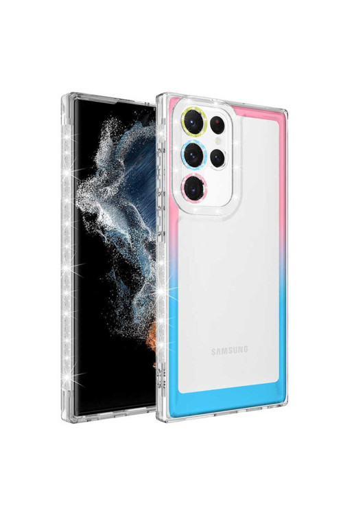 Galaxy S22 Ultra Simli Ve Renk Geçiş Tasarımlı Lens Korumalı Park Kılıf-Pembe-Ma