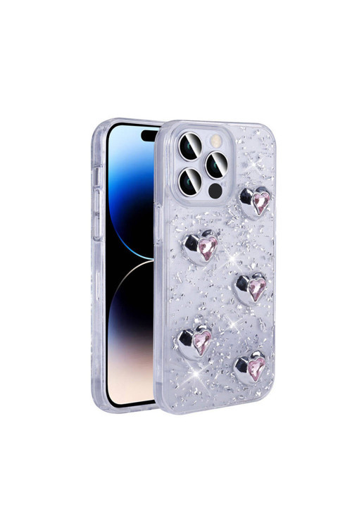 İphone 14 Pro Max Uyumlu Frm Kılıf Airbagli Simli Arka Yüzey Işıltı Silikon Kapak-Beyaz-Kalp