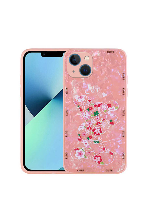 İphone 13 Uyumlu Desenli Sert Silikon Mumila Kılıf-Pink Mouse