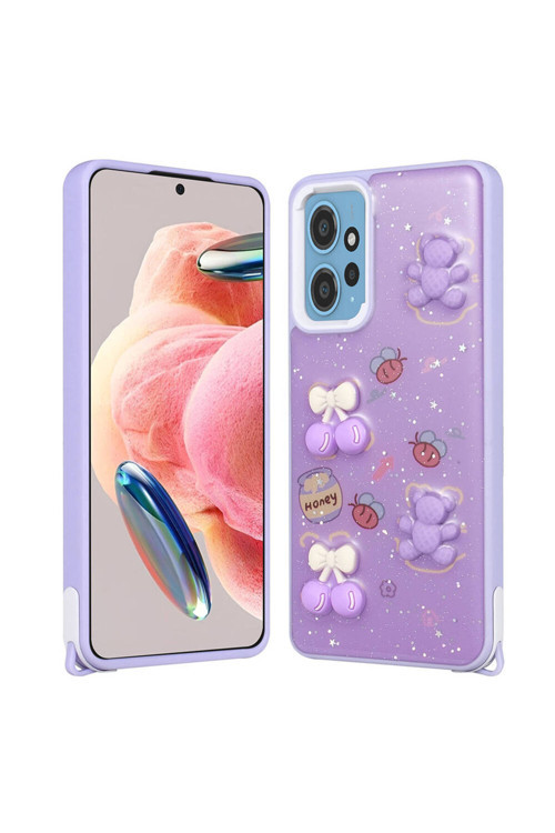 Redmi Note 12 4G Kılıf Parlayan Simli Kabartma Figürlü Tbc Cevze Kapak - Mor Ayı