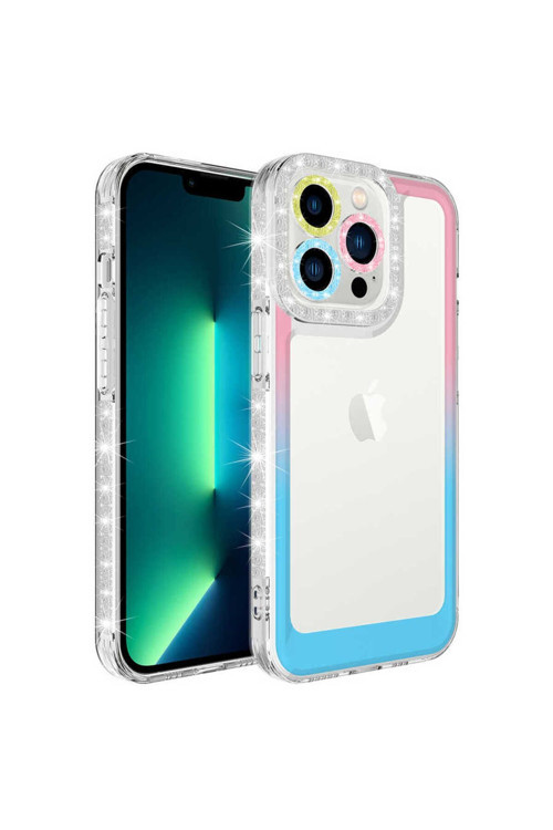 İphone 14 Pro Uyumlu Simli Ve Renk Geçiş Tasarımlı Korumalı Park Kılıf-Pembe-Mavi