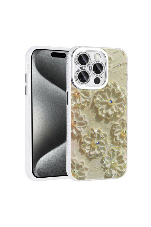 İphone 15 Pro Kılıf Çiçek Desenli Parlak Taşlı Sert Silikon Garden Kapak - Beyaz