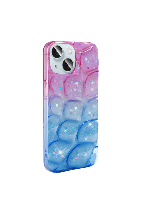 İphone 15 Uyumlu Frm Kılıf Simli 3D Desenli Hacar Kapak-Pembe-Mavi