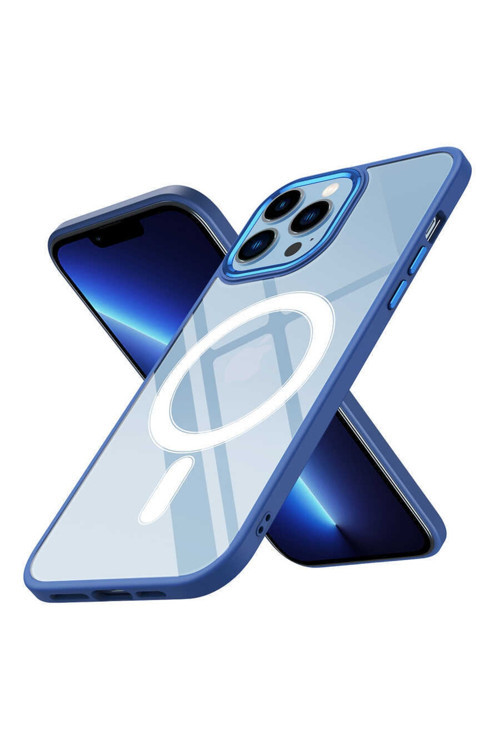 Iphone 13 Pro Max Uyumlu Kılıf Wireless Şarj Özellikli Krom Magsafe Silikon Kapak Renk Lacivert