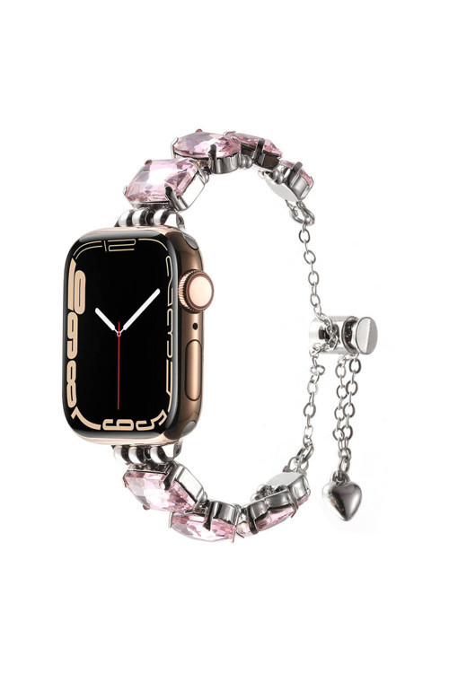Apple Watch 7 41Mm Krd-115 Renkli Taş Tasarımlı Kordon-Rose Pembe