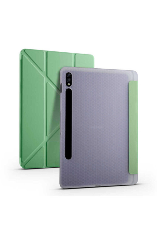 Galaxy Tab S7 T870 Kılıf Tri Folding Kalem Bölmeli Standlı Kılıf-Açık Yeşil