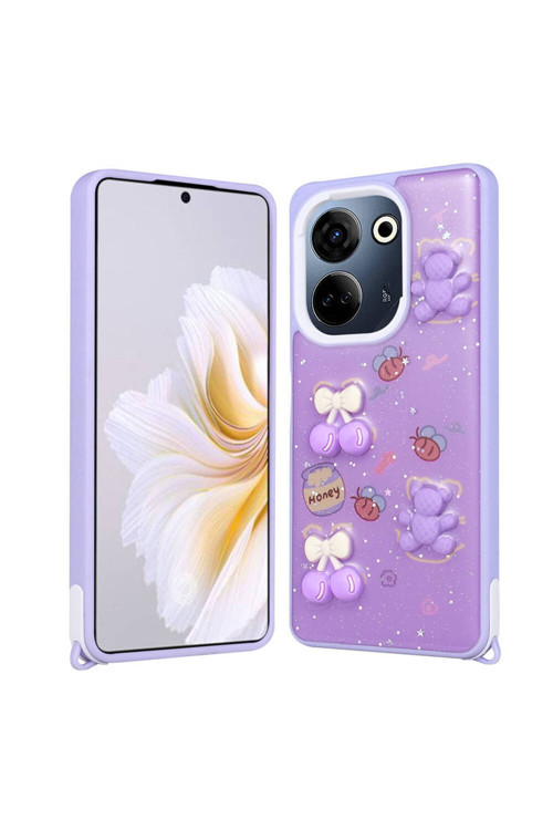 Tecno Camon 20 Pro 4G Kılıf Parlayan Simli Kabartma Figürlü Cevze Kapak - Mor Ayı