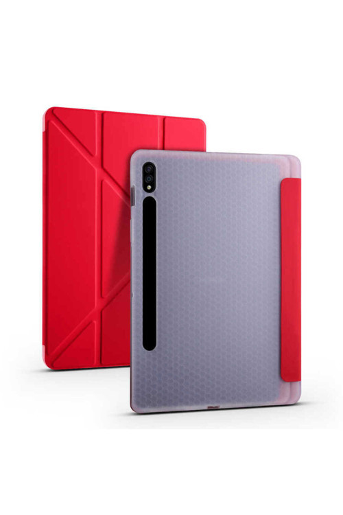 Galaxy Tab S7 T870 Kılıf Uyumlu Tri Folding Kalem Bölmeli Standlı Kılıf-Kırmızı