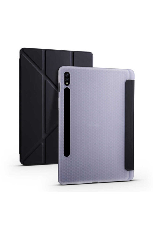 Galaxy Tab S7 T870 Kılıf Mkc Tri Folding Kalem Bölmeli Standlı Kılıf-Siyah