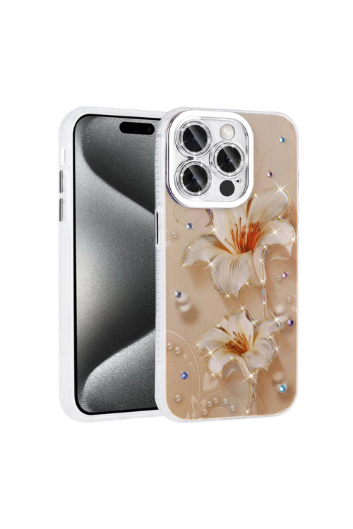 İphone 14 Pro Max Kılıf Çiçek Desenli Parlak Taşlı Sert Silikon Garden Kapak - Pembe Açık