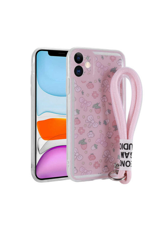 İphone 11 Uyumlu Desenli El Askılı İpli Csm Astana Silikon Kılıf-Çilek