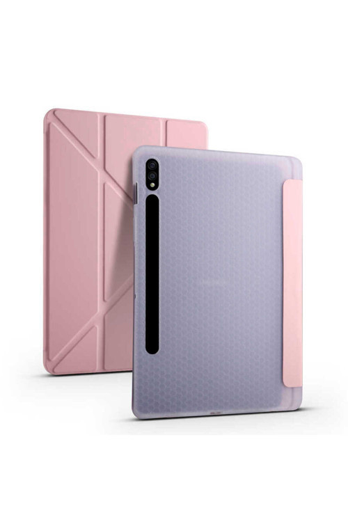Galaxy Tab S7 Plus T970 Kılıf Ysf Tri Folding Kalem Bölmeli Standlı Kılıf-Rose Gold