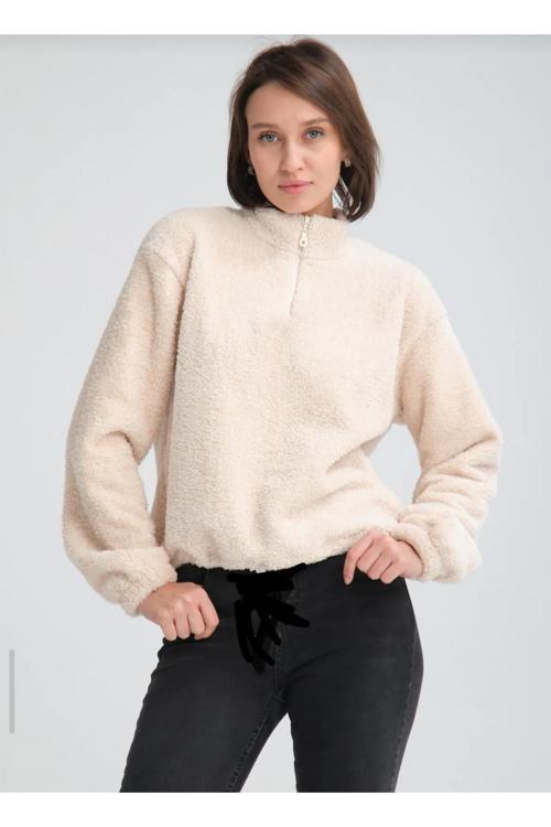 Dik Yaka Yarım Fermuarlı Peluş Sweatshirt
