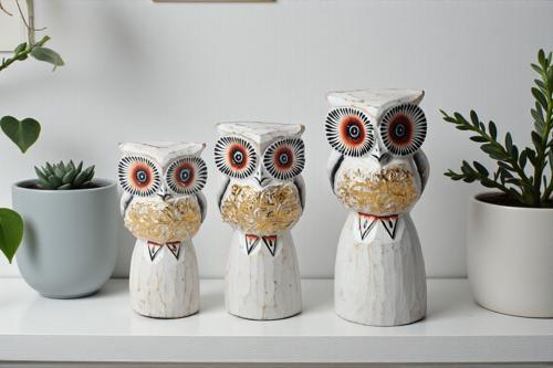 El Yapımı Doğal Ahşap 3’lü Baykuş Heykel Biblo Seti Yeni Yıl Ev Ofis Hediyesi Raf Vitrin Bahçe Süsü