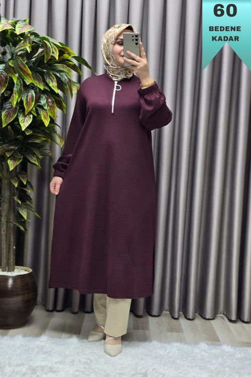 Kadın Tesettür Giyim Büyük Beden Fermuarlı Jumbo Uzun Tunik