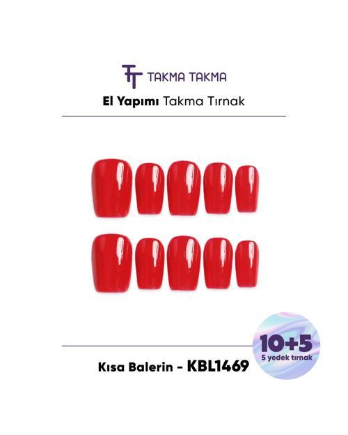 15'li Kırmızı Kısa Balerin KBL1469 Tekrar Kullanılabilir El Yapımı Protez Takma Tırnak Kırmızı-XS