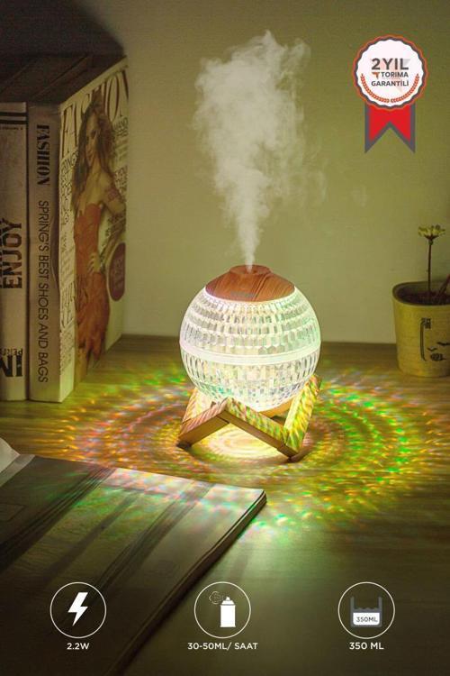 H10 Beyaz Kristal Top RGB Işıklı, Ahşap Standlı, Hava Nemlendirici Dekoratif Nemlendirici