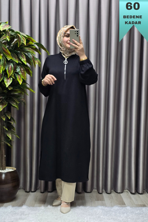Kadın Tesettür Giyim Büyük Beden Fermuarlı Jumbo Uzun Tunik