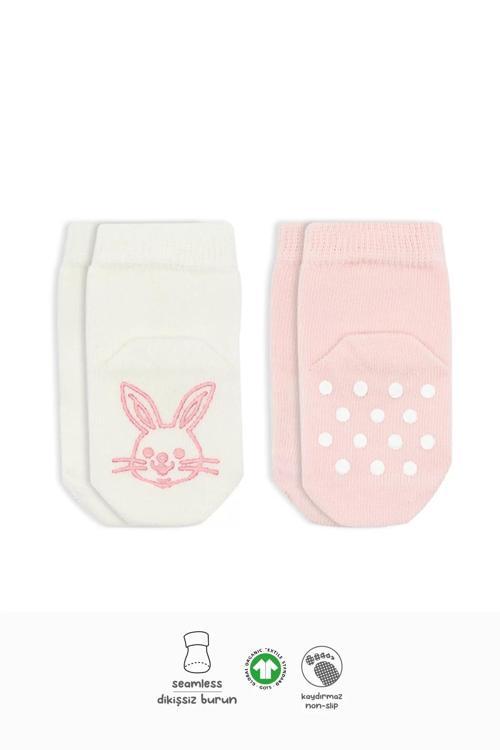 Hayvan Figürlü Kaymaz Soket Çorap 2'li Pembe Ekru