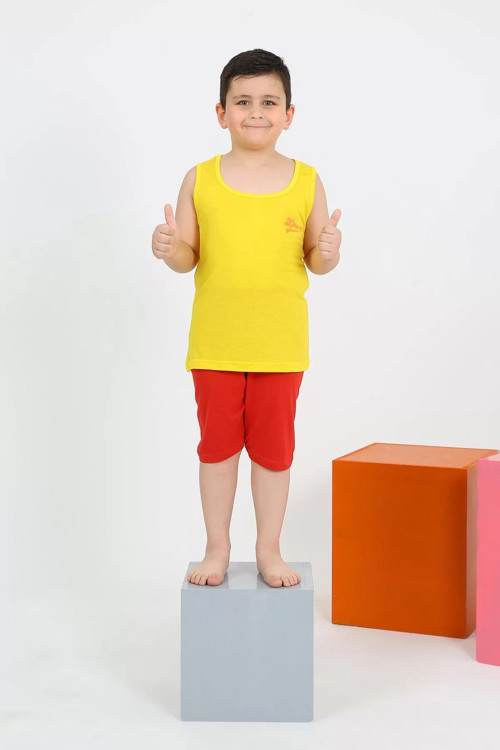 Erkek Çocuk Sıfır Kol Şortlu Sarı Penye Pijama Takımı