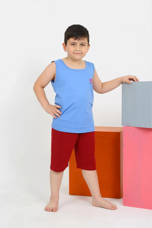 Erkek Çocuk Sıfır Kol Şortlu Mavi Penye Pijama Takımı