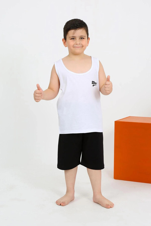 Erkek Çocuk Sıfır Kol Şortlu Beyaz Penye Pijama Takımı