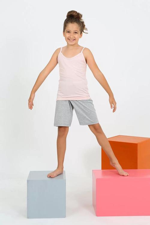 Kız Çocuk İp Askılı Şortlu Penye Pembe Pijama Takım
