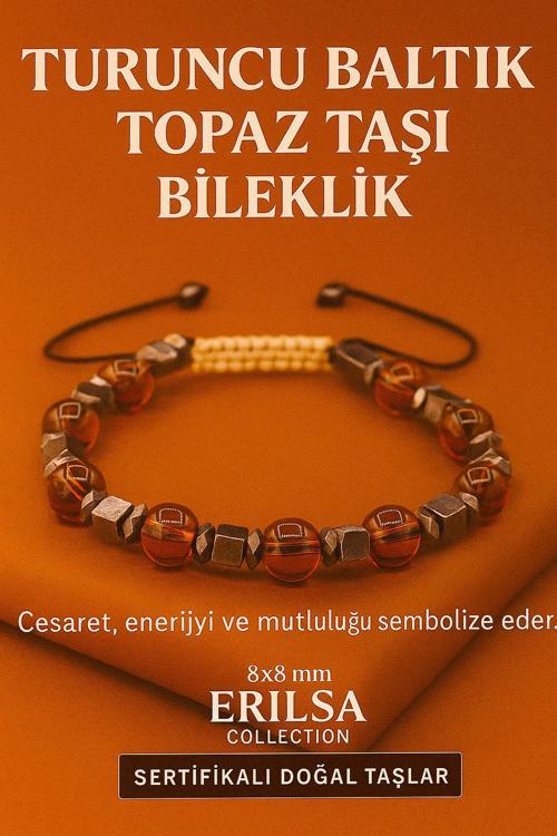 Sertifikalı Turuncu Baltık Topaz Doğal Taş Bileklik - 8x8 mm Cesaret Mutluluk ve Enerji Taşı