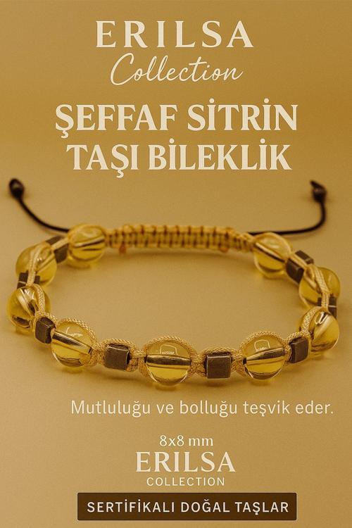 Sertifikalı Şeffaf Sitrin Doğal Taş Bileklik - 8x8 mm Bereket Bolluk Mutluluk Enerjisi Taşı