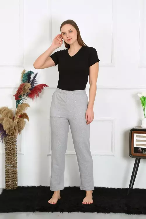 Kadın Pamuk Cepli 3 İplik Alt Eşofman Gri