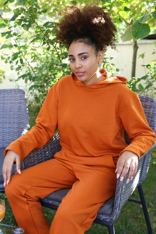 Kadın Pamuk Kapşonlu Cepli 3 İplik Kiremit Eşofman Takım