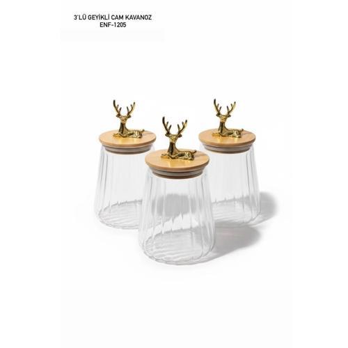Geyikli Bambu Kapaklı 3’lü Cam Kavanoz Seti