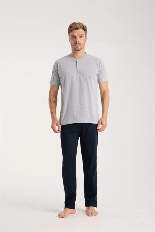 Erkek Gri Düğmeli Yaka Kısa Kol Pijama Takımı