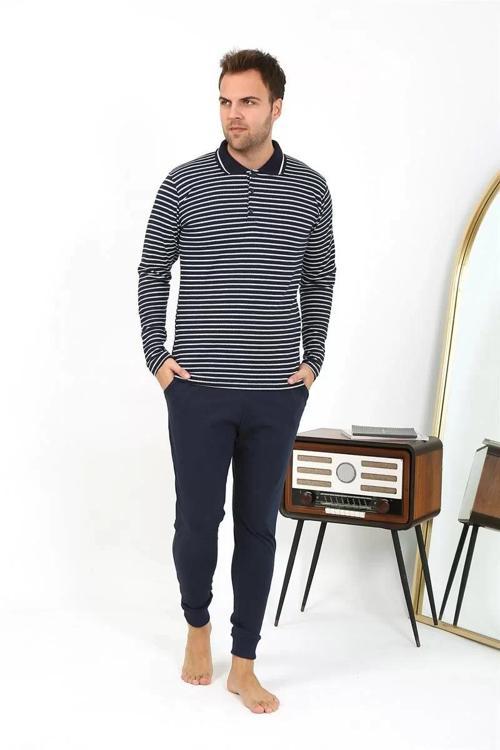 Erkek Polo Yaka Uzun Kol Penye Pijama Takımı Lacivert