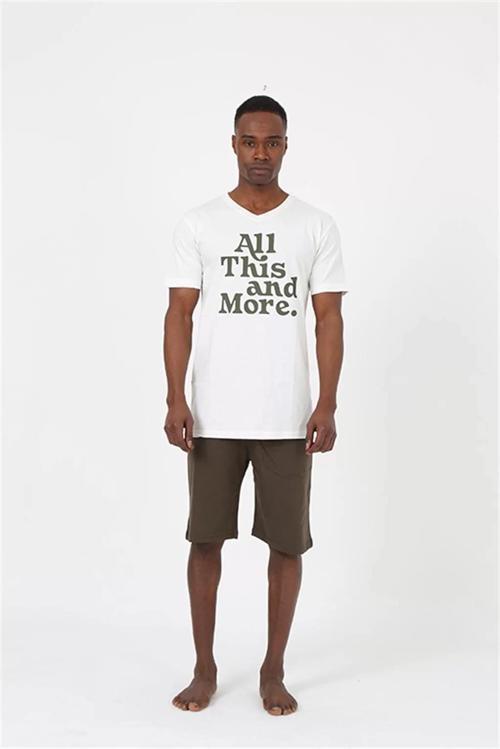 Erkek Kısa Kol Ekru Penye Şortlu Pijama Takımı