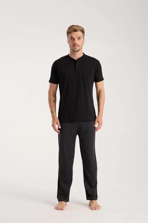 Erkek Füme Düğmeli Yaka Kısa Kol Pijama Takımı