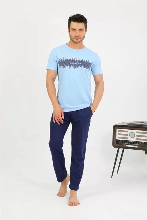 Erkek Pamuk Kısa Kol Pijama Takım Mavi