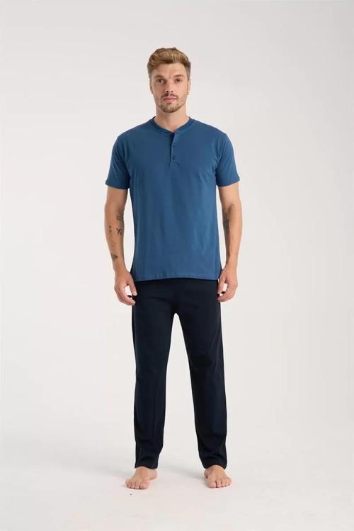 Erkek İndigo Düğmeli Yaka Kısa Kol Pijama Takımı
