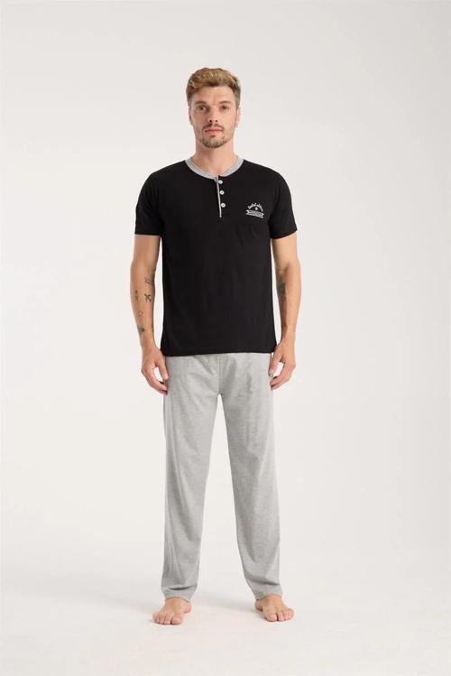 Erkek Siyah Düğmeli Yaka Kısa Kol Pijama Takımı