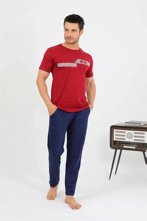 Erkek Pamuk Kısa Kol Pijama Takım Bordo