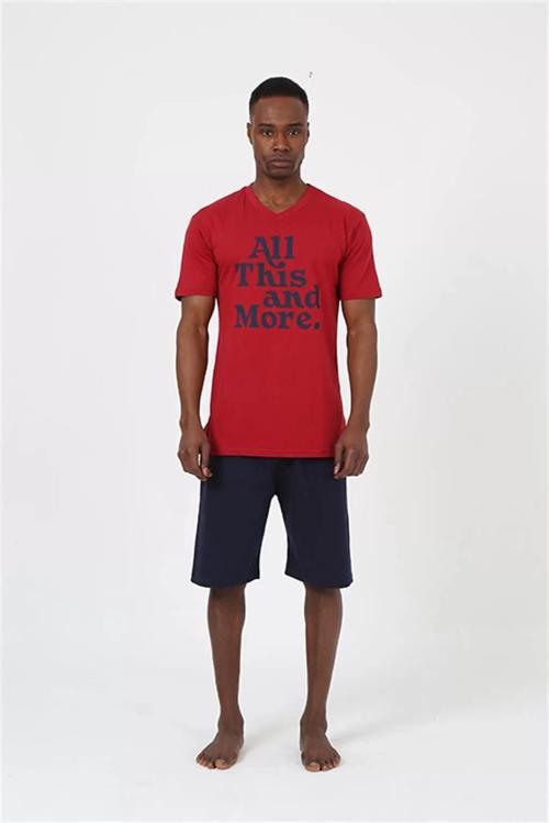 Erkek Kısa Kol Bordo Penye Şortlu Pijama Takımı