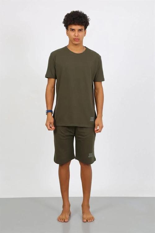 Erkek Pamuk Lakost Alt Üst Kaprili Pijama Takım Haki