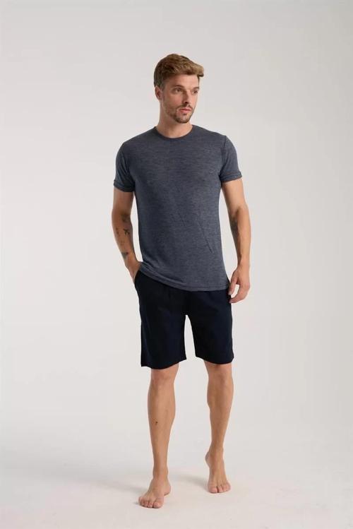 Erkek Lacivert Sıfır Yaka Kısa Kol Şortlu Pijama Takımı