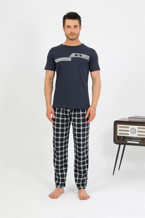 Erkek Pamuk Kısa Kol Pijama Takım Lacivert