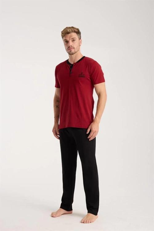 Erkek Bordo Düğmeli Yaka Kısa Kol Pijama Takımı