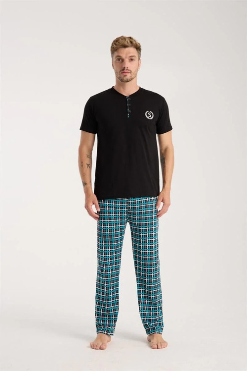 Erkek Düğmeli Yaka Siyah Kısa Kol Pijama Takımı