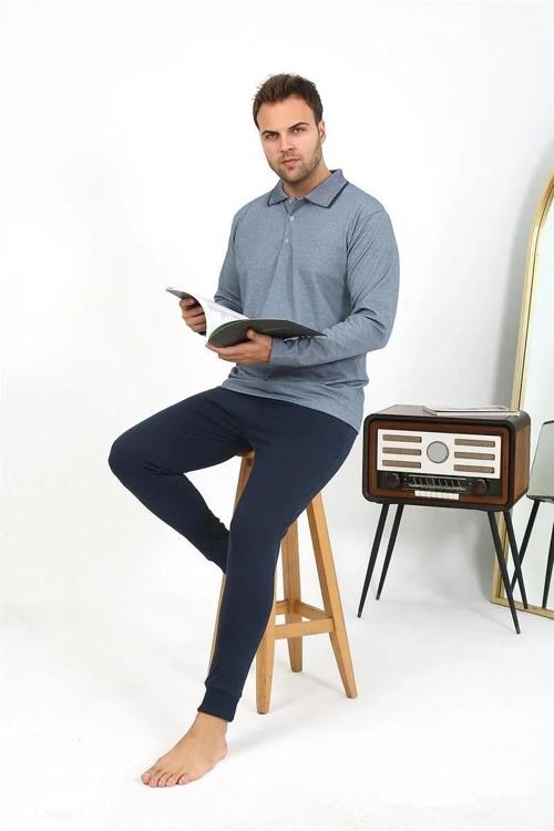 Erkek Polo Yaka Uzun Kol Penye Pijama Takımı Gri